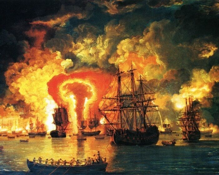 Чесменское сражение. Картина Я. Ф. Хаккерта. 1771 г.