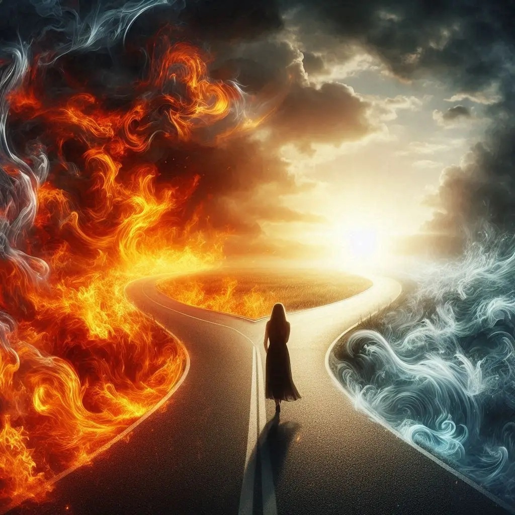 Огненная дорога манит яркостью, адреналином, «настоящими чувствами». Светлая кажется пресной, скучной, ненастоящей. Но посмотрите внимательнее: огонь сжигает, а свет ведёт к горизонту. Какую дорогу выберете вы?