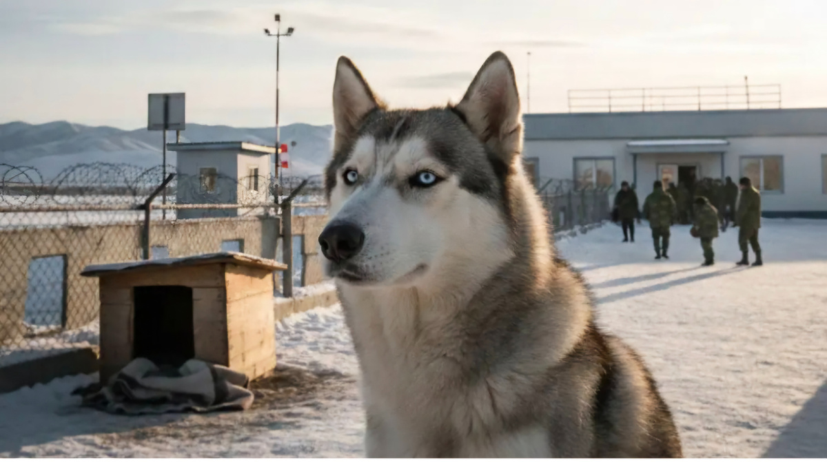 Умка Хаска, которая вот уже больше года ждёт в аэропорту Кызыла (Тыва) своего хозяина, погибшего на СВО. Изображение из открытых источников.