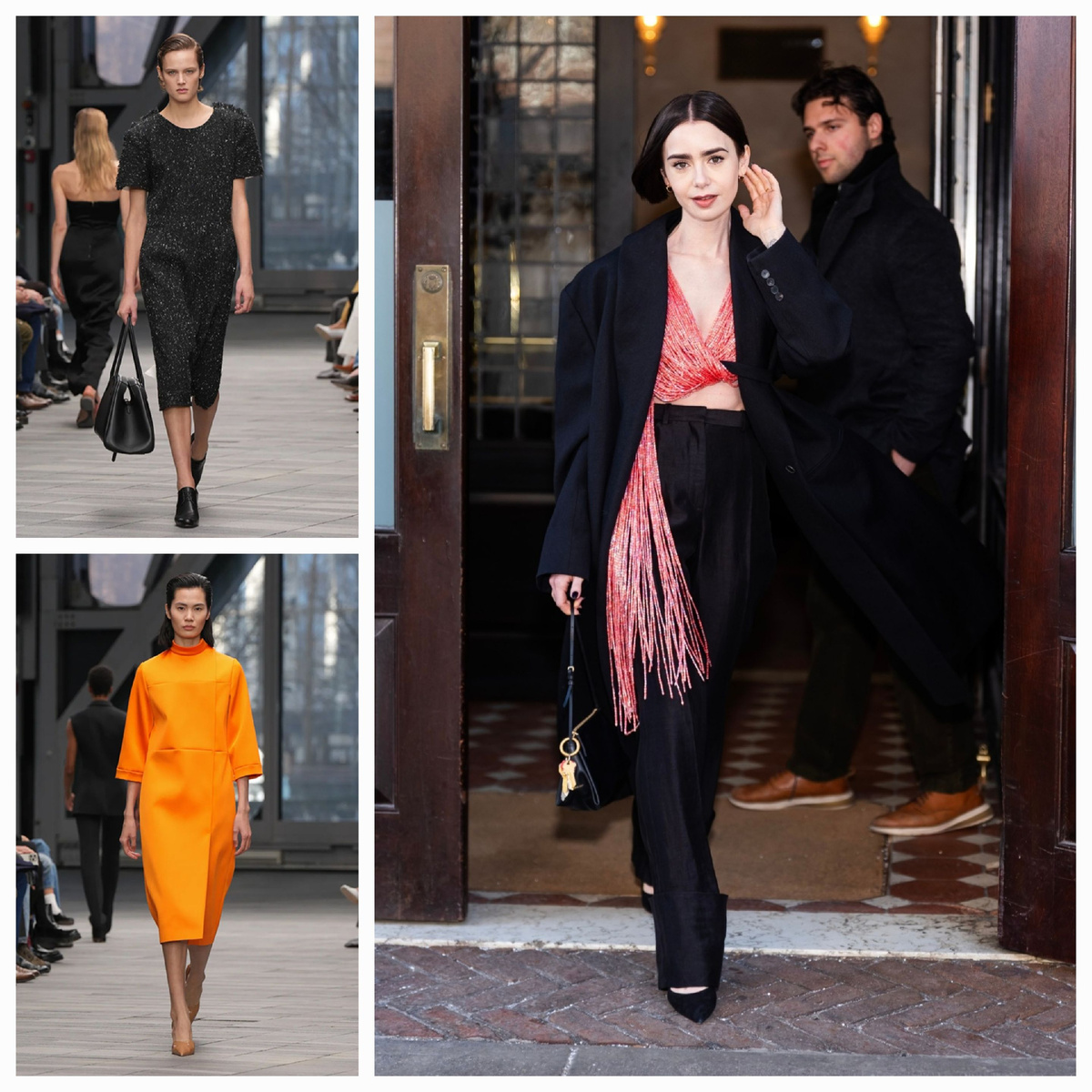 Силуэты из коллекции Calvin Klein Ready-to-Wear Fall-Winter 2026 и образ Лили Коллинз для показа. Материал: WWD и Getty Images.