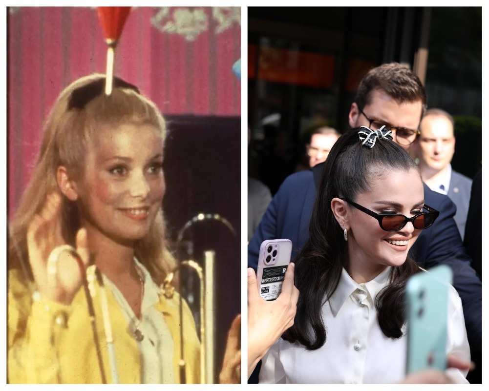 Кадр из фильма «Шербурские зонтики» (фото слева), Селена Гомес попробовала повторить образ Катрин Денев из фильма (фото - справа)  (Источник: Соцсети)