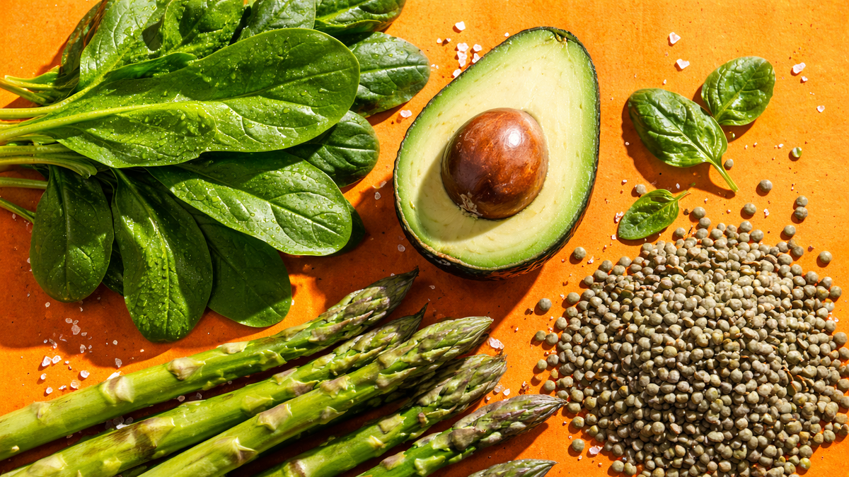 Фолаты — это натуральная форма витамина B9, которая встречается в продуктах: шпинате, спарже, авокадо и бобовых.