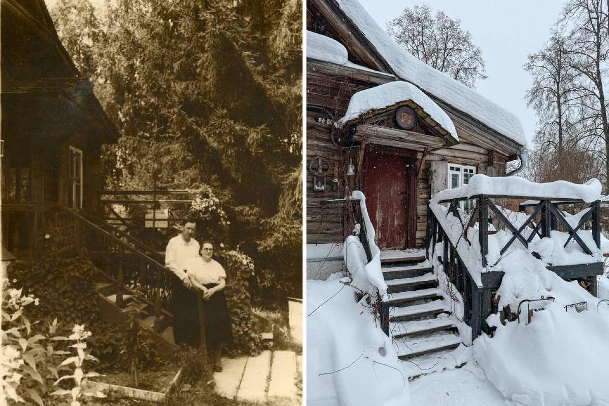 Николай Ракицкий с женой Софьей на крыльце дома