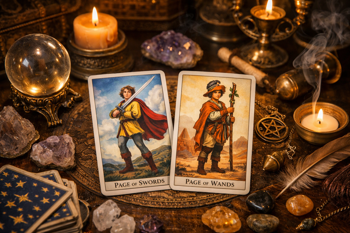 Паж Мечей и Паж Жезлов в центре расклада — импульс к разговору и первый шаг к действию.