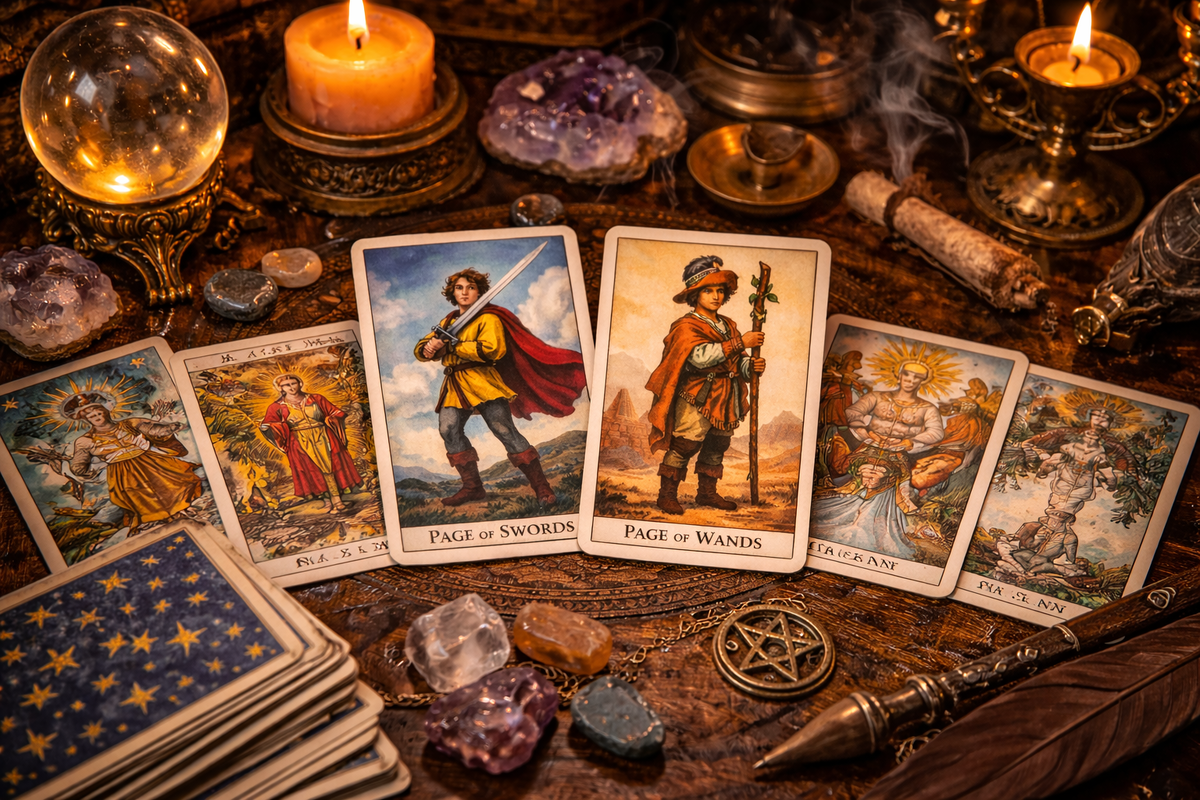 Два Пажа на фоне расклада — энергия идей и внутреннего огня среди символов судьбы.