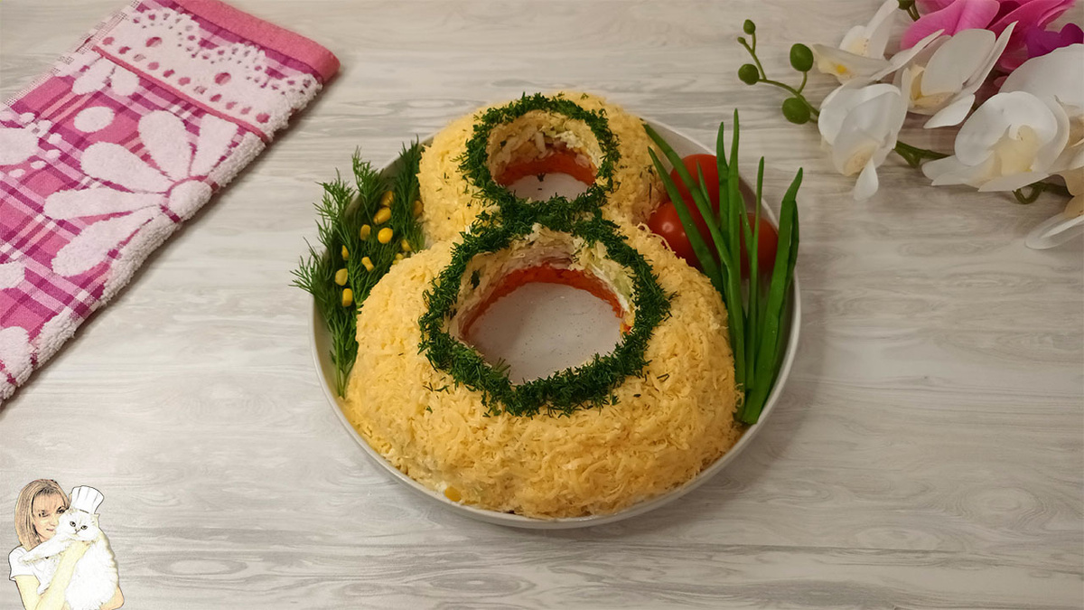 Салат "8 МАРТА" великолепно украсит Ваш Праздничный стол!
Он получается очень Сочным и Вкусным.                                                                                                                                                                                      Ингредиенты на тарелку диаметром 26 см.:

• Окорочок копченый - 1 шт.
• Морковь большая - 1 шт.
• Кукуруза - 80 гр.
• Яйцо - 2 шт.
• Огурец большой - 1 шт.
• Сыр - 150 гр.
• Майонез.
• Помидоры черри, укроп и зелёный лук для украшения.
Фото 10. 11.
 PS. Ингредиенты можно заранее по отдельности смешать с майонезом, так выкладывать на блюдо бедет удобнее и быстрее.