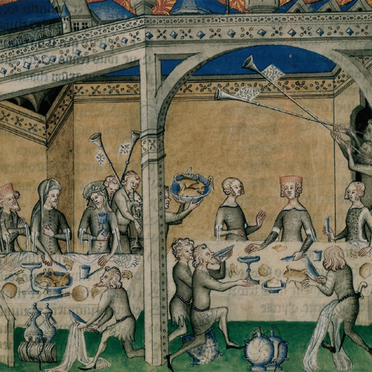 Сцена пира (миниатюра, Гийом де Машо, ок. 1350)