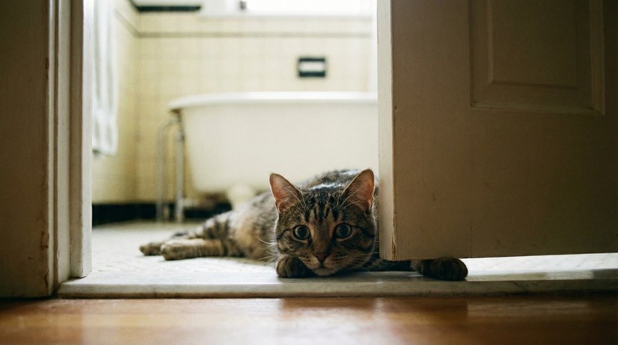 выздоровевшая кошка ждет под дверью