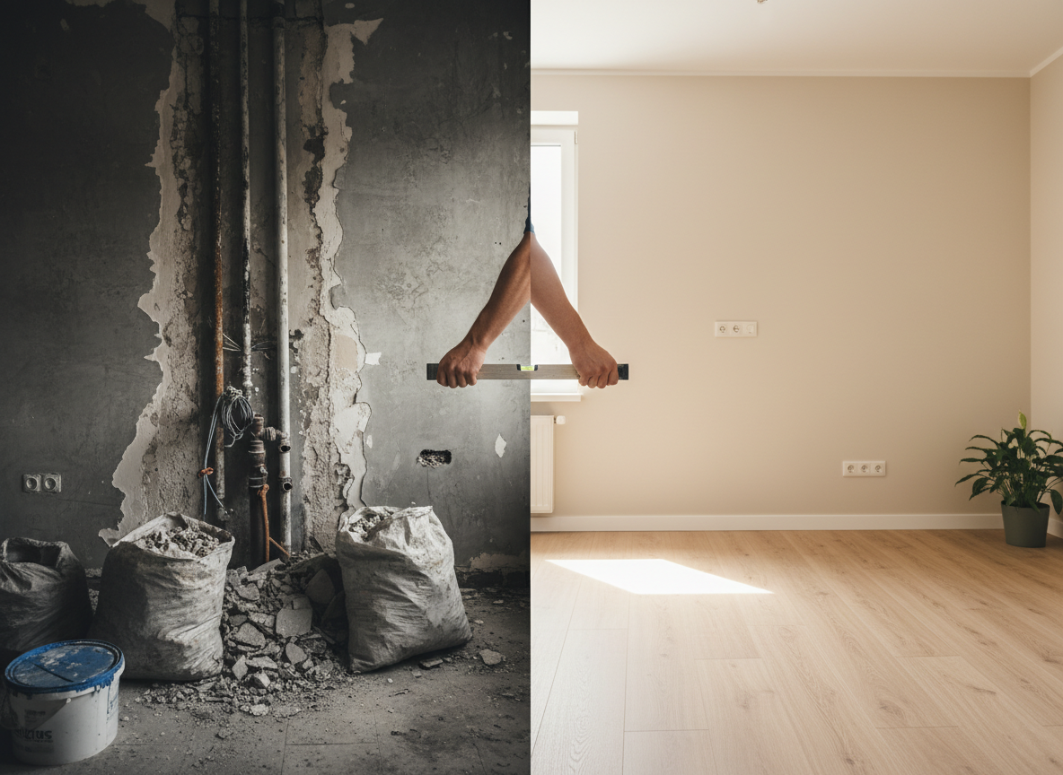 Слева — хаос, пыль и бесконечные вопросы. Справа — уют, порядок и долгожданный покой. Между ними — правильная последовательность и ваши руки с инструментом. Готовы построить мост? 🔨🏠