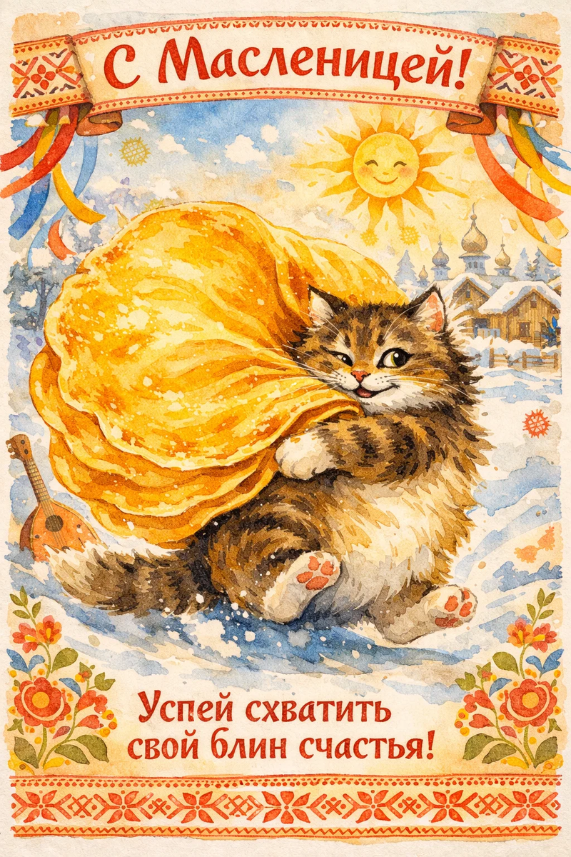 Открытка из серии «С масленицей» от АРТ-мастерской ИИ ✨🐾