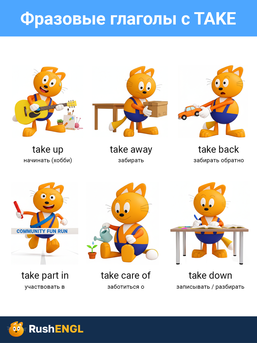 Карточка для запоминания слов: фразовые глаголы с take с переводом в разговорном английском