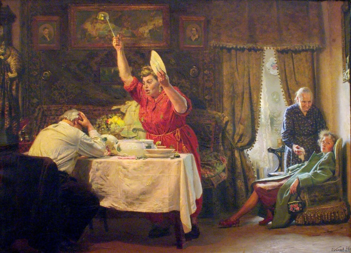 Ахмед Китаев, «Родное дитё - на периферию?!.» 1954 год. Холст, масло. Симферопольский художественный музей, Симферополь. 