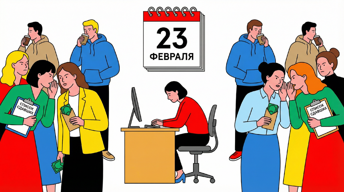 💸 Света из бухгалтерии написала: скидываемся мальчикам по 500 рублей! А я сказала — НЕТ. В офисе 8 парней. Ни один не служил. Программисты, дизайнеры — у всех отсрочки. Поздравлять не кого