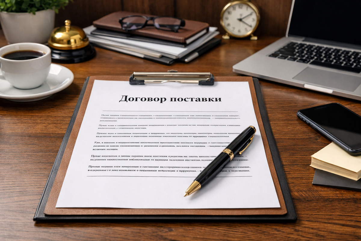 Рабочий стол юриста гостиницы с договором поставки, ручкой и ноутбуком