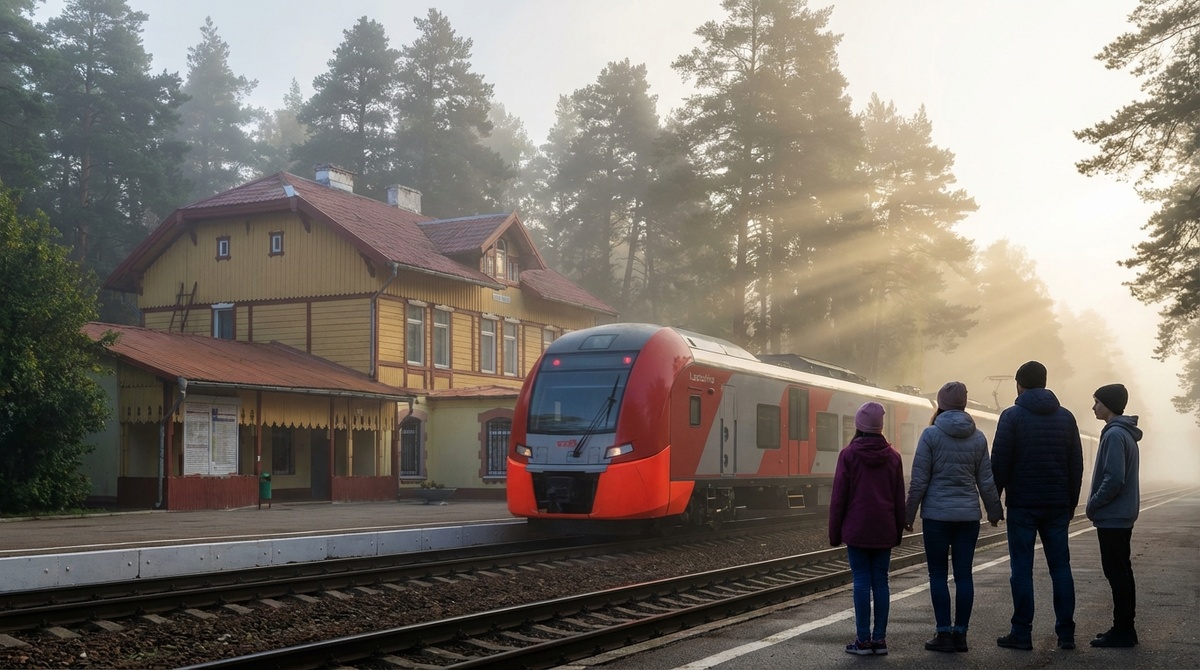 Прибытие семьи на современной электричке «Ласточка» в туманный, но солнечный Светлогорск, предвещающее прохладный балтийский климат.