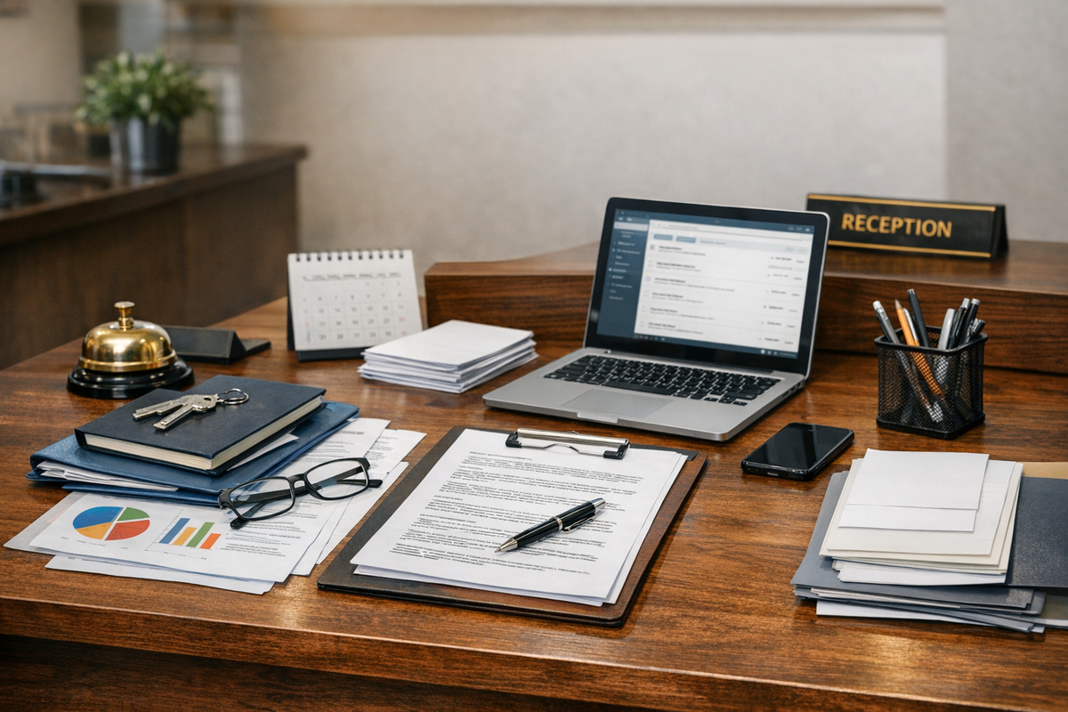 Рабочий стол юриста HoReCa с документами и ноутбуком без людей