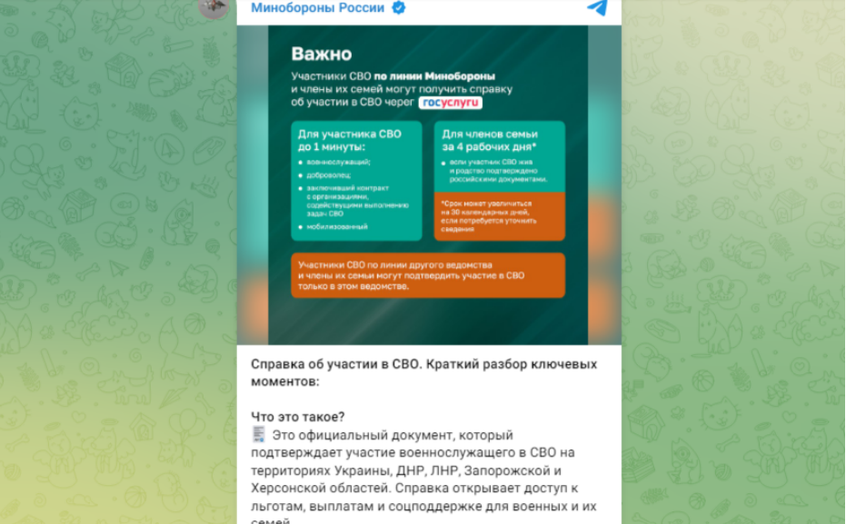 Каждый из пунктов по льготам, к которым открывает справка "доступ", вызывает у бойцов вопросы. Ответов на них пока нет. Скриншот с тг-канала "Минобороны России"