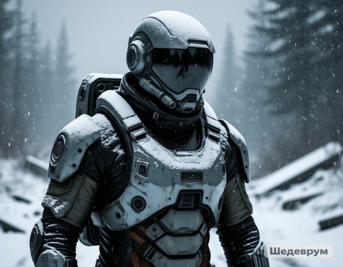 Вообще-то предполагается, что никаких деревьев уже нет и снег в ядерную зиму не белый, но мне понравился получившийся костюм. 