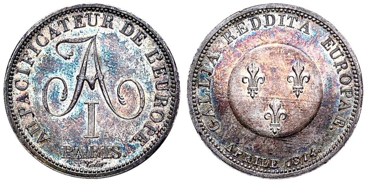 Памятная серебряная.монета номиналом 2 франка, отчеканенная в 1814 на Парижском монетном дворе. UNC. Металл: серебро. Проба: 900/1000. Вес: 10.05 грамма. Диаметр: 27 мм. Биткин # 15 (R1). Аукцион «Редкие монеты», лот 839 👉 120 000 рублей.