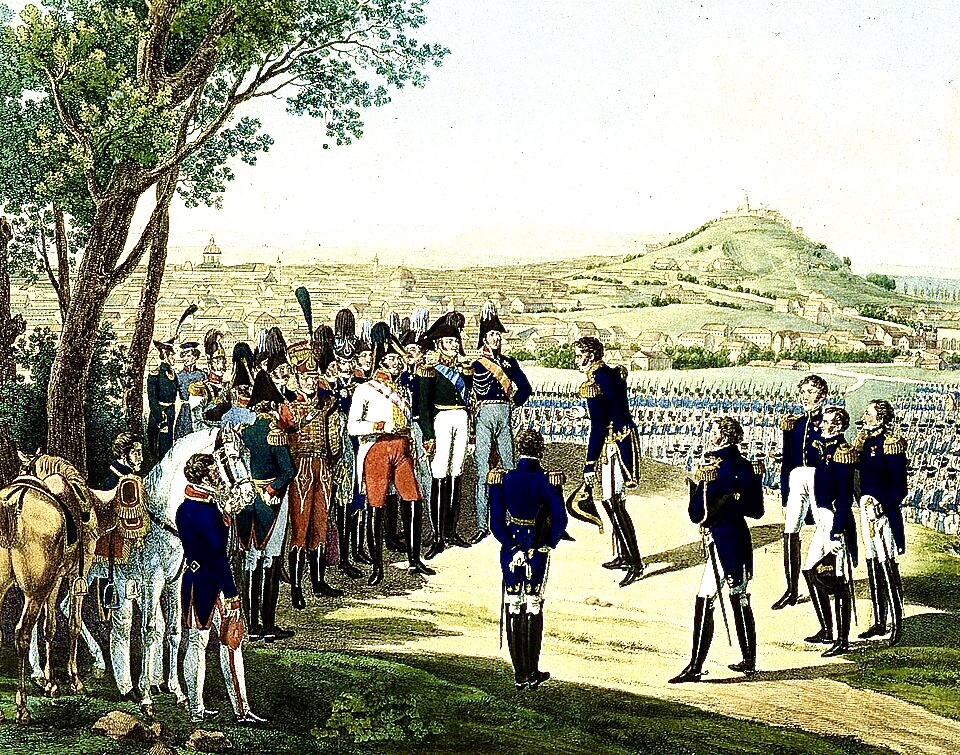 Маршал Франции Огюст де Мармон вручает ключи от Парижа российскому императору Александру I