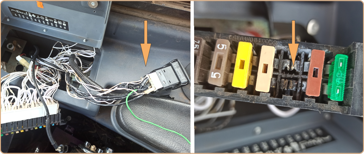 Оплавление проводки, сгоревшие гнезда под предохранителями.