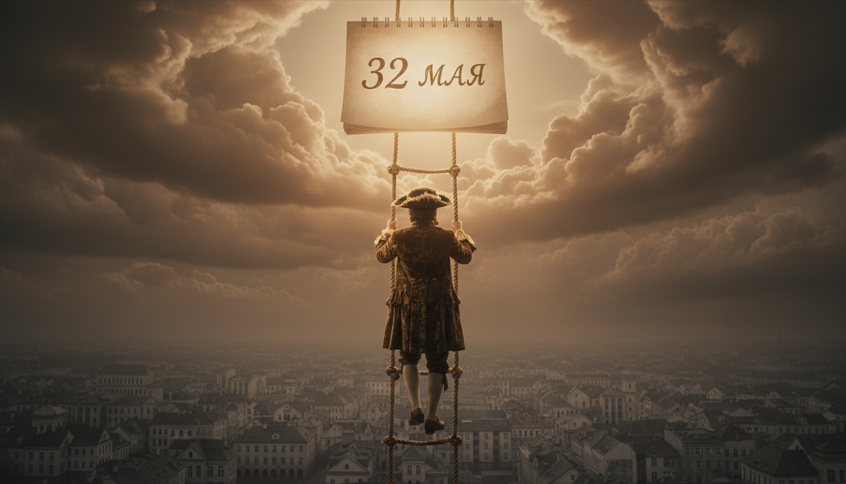 Человек в старинном камзоле поднимается по веревочной лестнице в небо, на фоне сюрреалистичного календаря с датой 32 мая