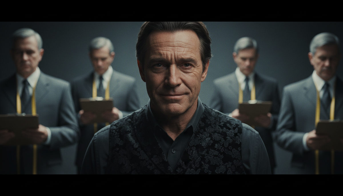 Портрет мужчины с глубоким, грустным взглядом, окруженного размытыми серыми фигурами чиновников с папками