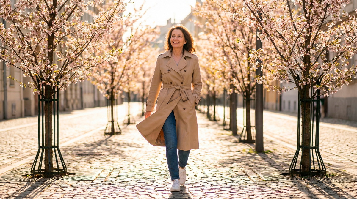 Джинсы, кроссовки, тренч. И выглядишь так, будто у тебя есть план на день.