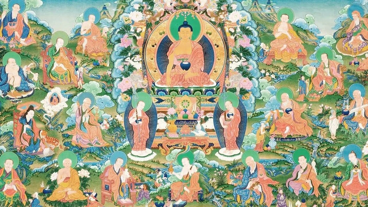 Будда Шакьямуни в окружении архатов- тех, кто покинул колесо сансары.