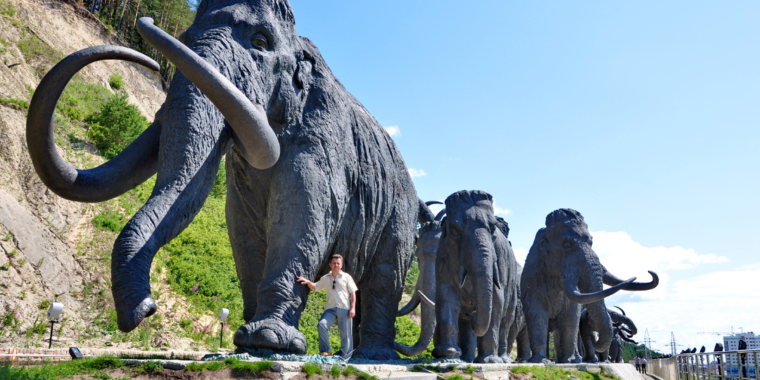 Стадо мамонтов на берегу Иртыша. Археопарк в Ханты-Мансийске.