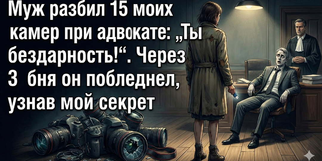 Муж разбил 15 моих камер при адвокате: „Ты бездарность!“. Через 3 дня он побледнел, узнав мой секрет