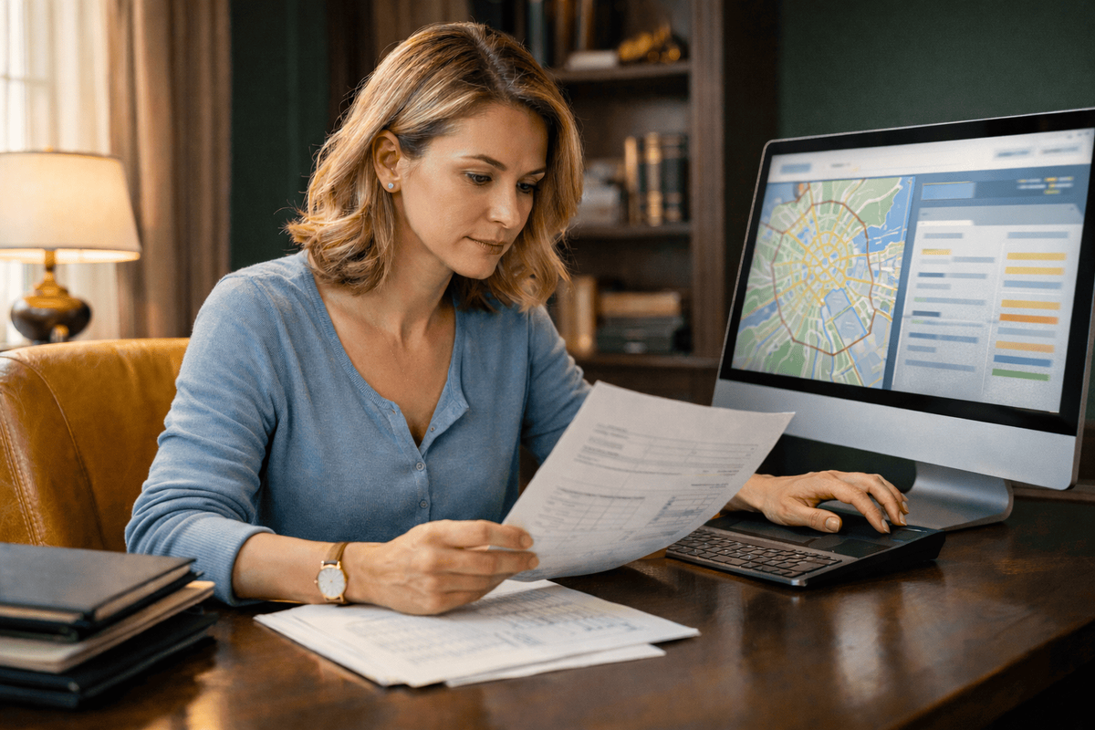 Женщина за компьютером проверяет документы по квартире и выписку ЕГРН перед сделкой.