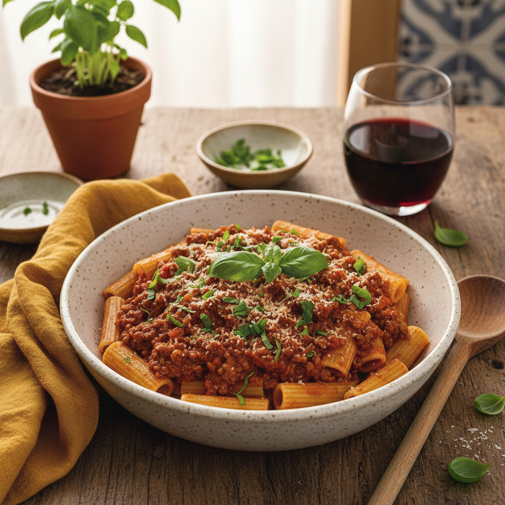 Фото: аппетитная тарелка макарон с фаршем и зеленью