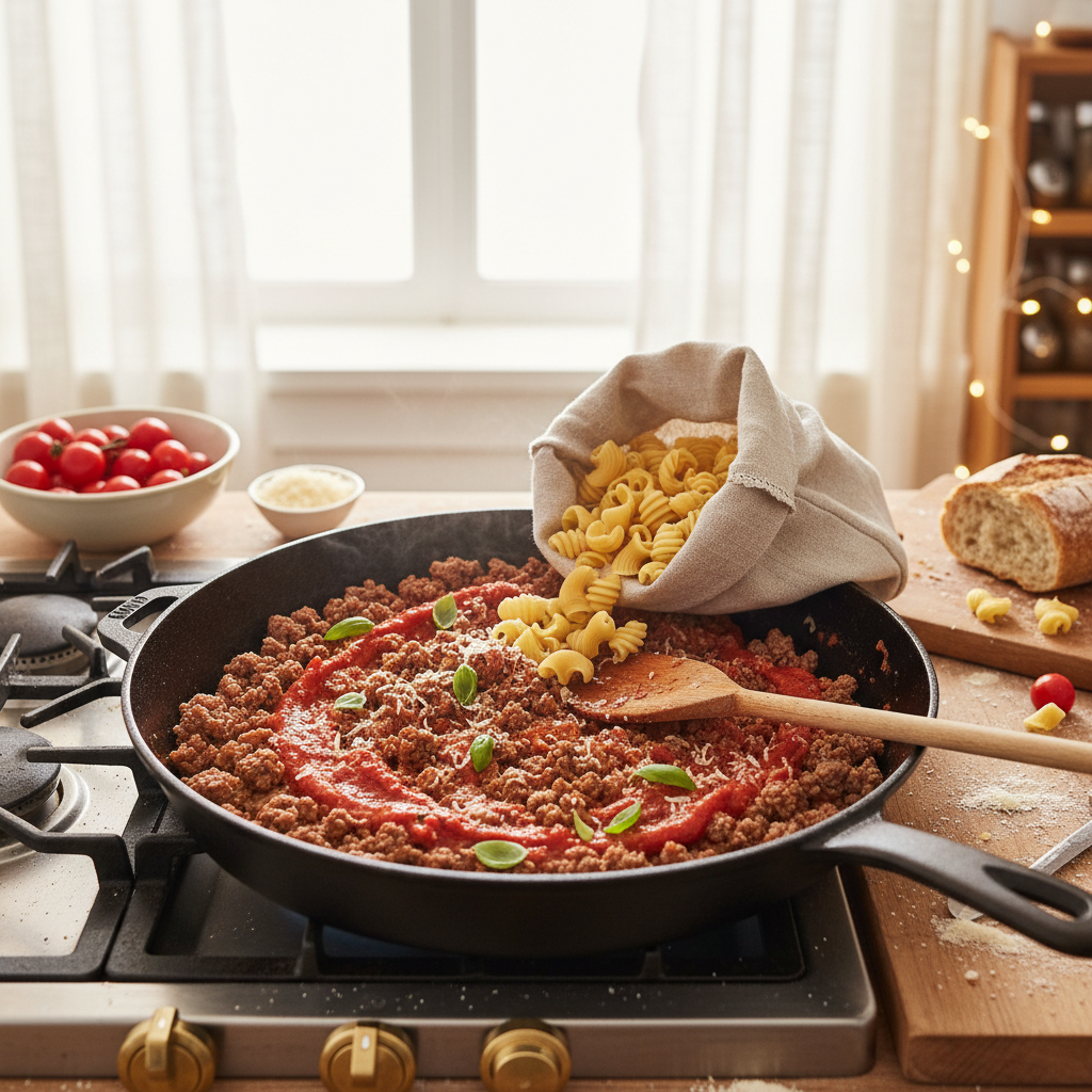 Фото: подготовка фарша и обжаривание макарон