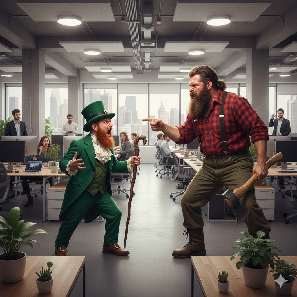 Леприкон и дровосек ругаются в офисе