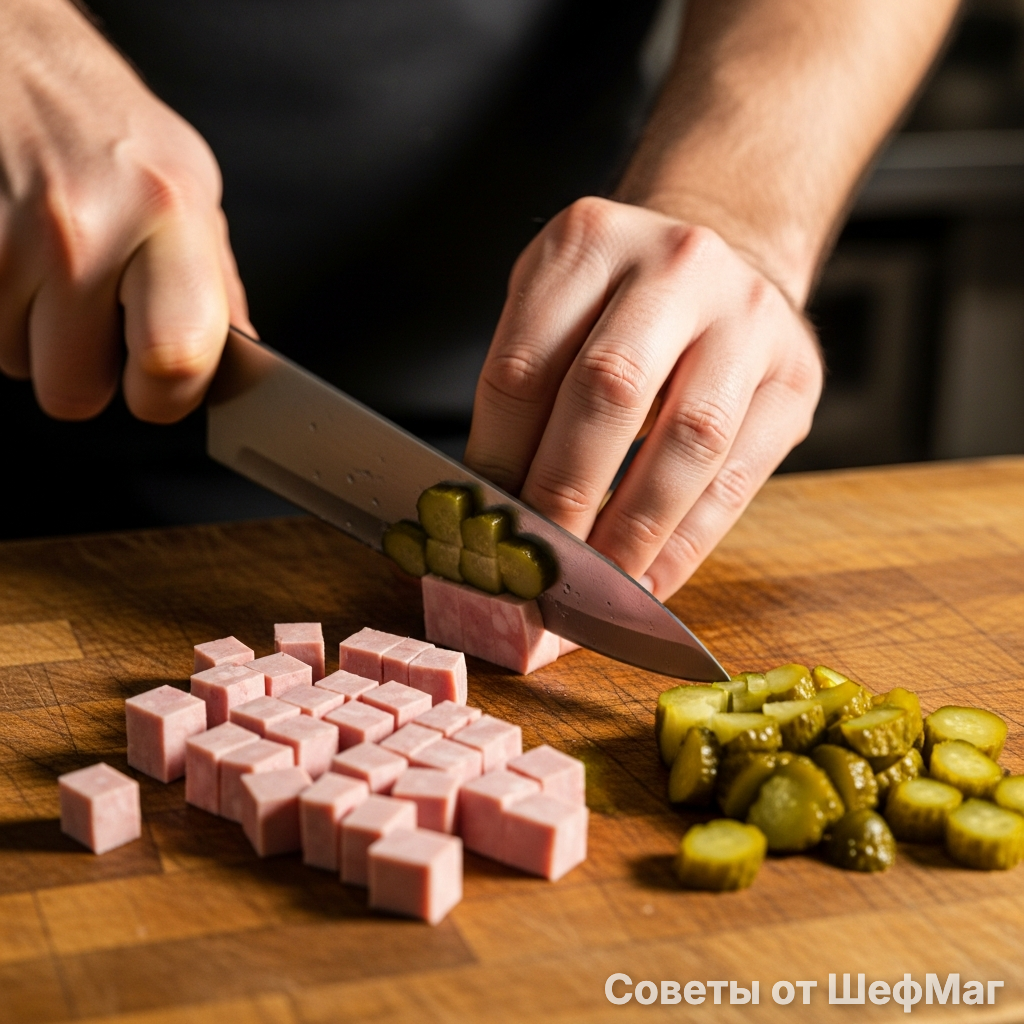 Размер нарезки определяет вкус: старайтесь резать под размер горошка.