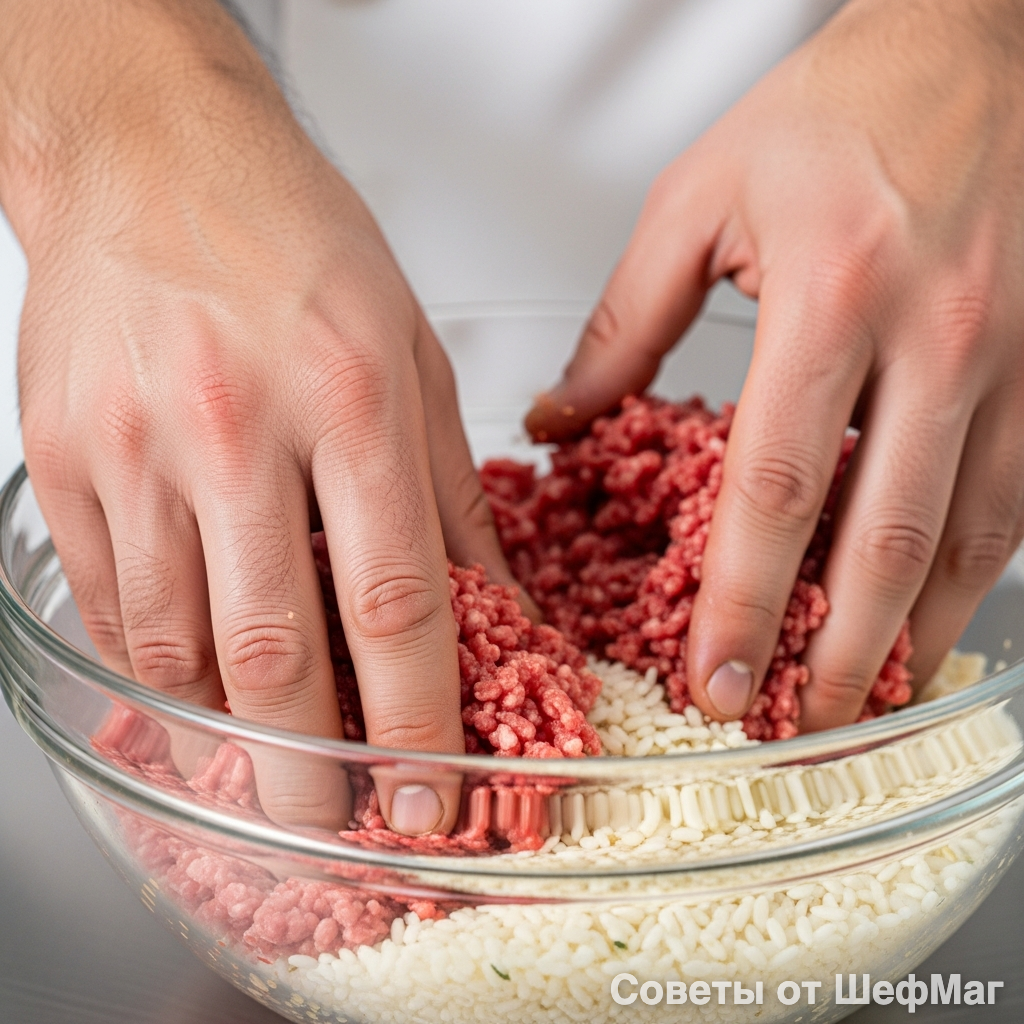 Тщательное вымешивание фарша — гарантия, что тефтели не развалятся.