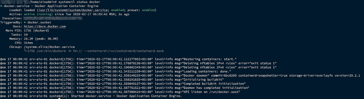 Успешный результат установки и запкуска Docker на Debian 13Debian13