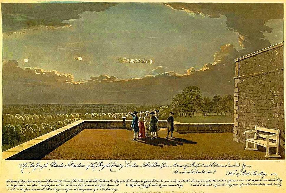     Наблюдение за неизвестными объектами в небе с террасы Виндзорского замка (литография) XVIII в.