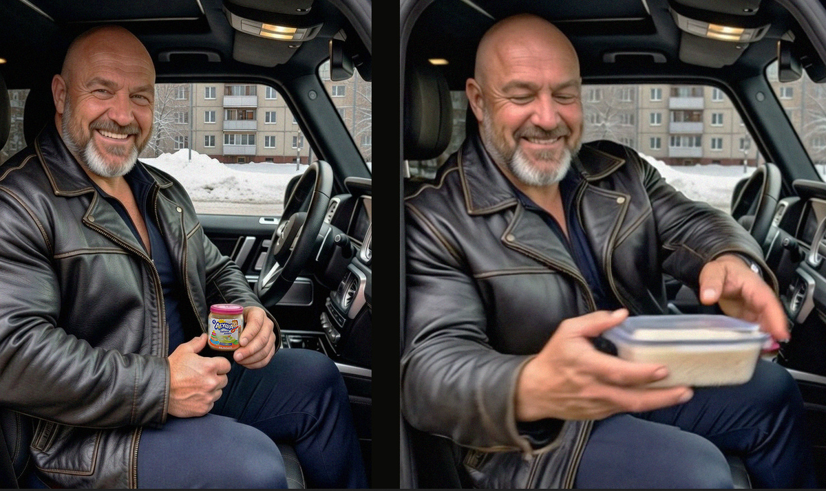 С водителем приходится делиться. Здесь с известным вам Виталием Аркошиным. Попытка обмена нескольких банок "Агуши" на контейнер риса. Поехали вместе с ним и Алиской после "Ленты" в "Metro". Он меняться не стал. Просто забрал две баночки.