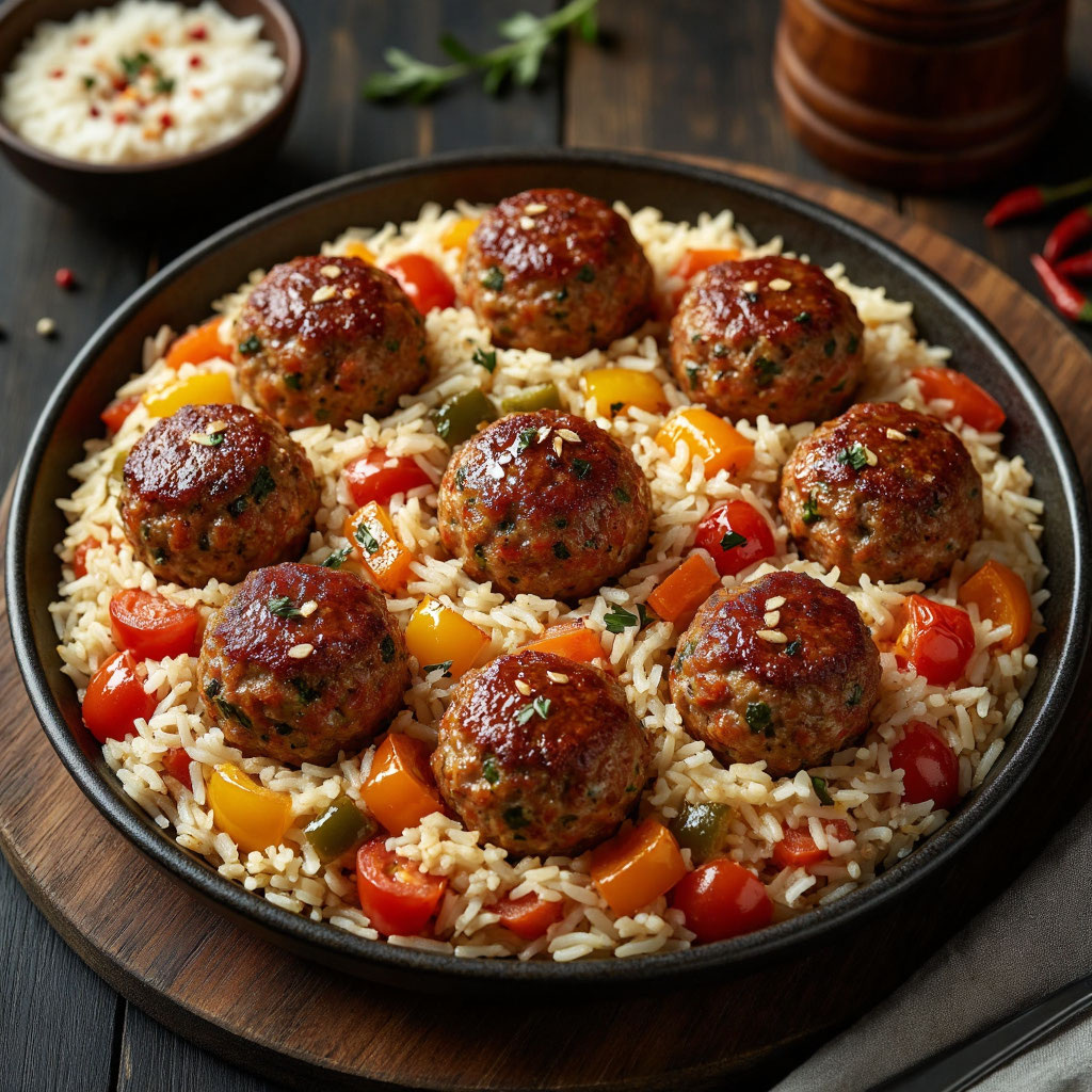 Рис с мясными шариками, помидорами и сладким перцем: сытное блюдо на сковороде 🍲🥩