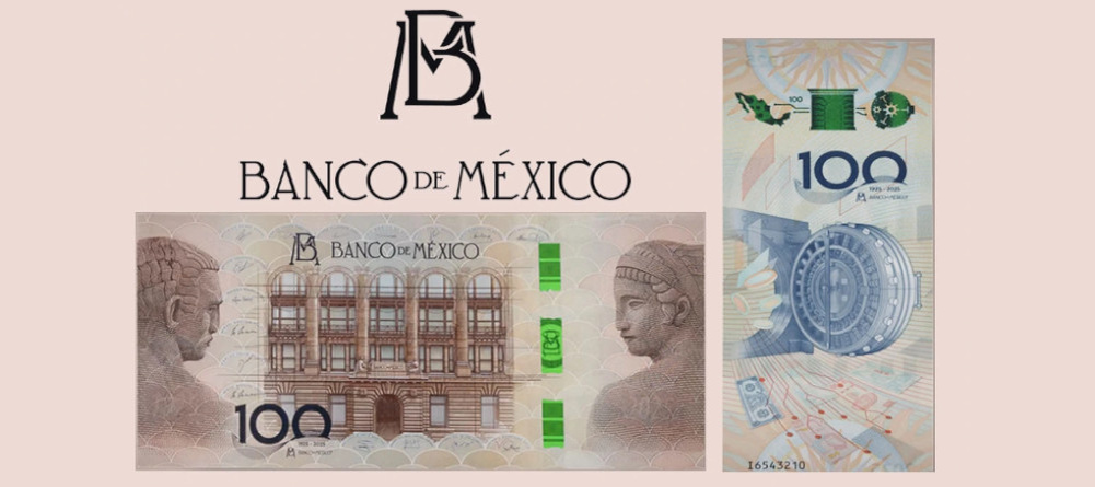    Памятная банкнота Мексики 100 песо 2026 года 100 лет Банку Мексики фасад здания скульптуры Работа и Изобилие