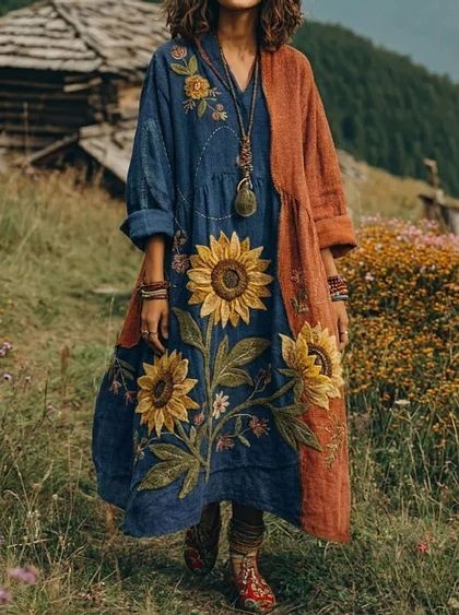 Подсолнухи очень удачно украшают подол платья. А оранжевый цвет отлично контрастирует с джинсой.