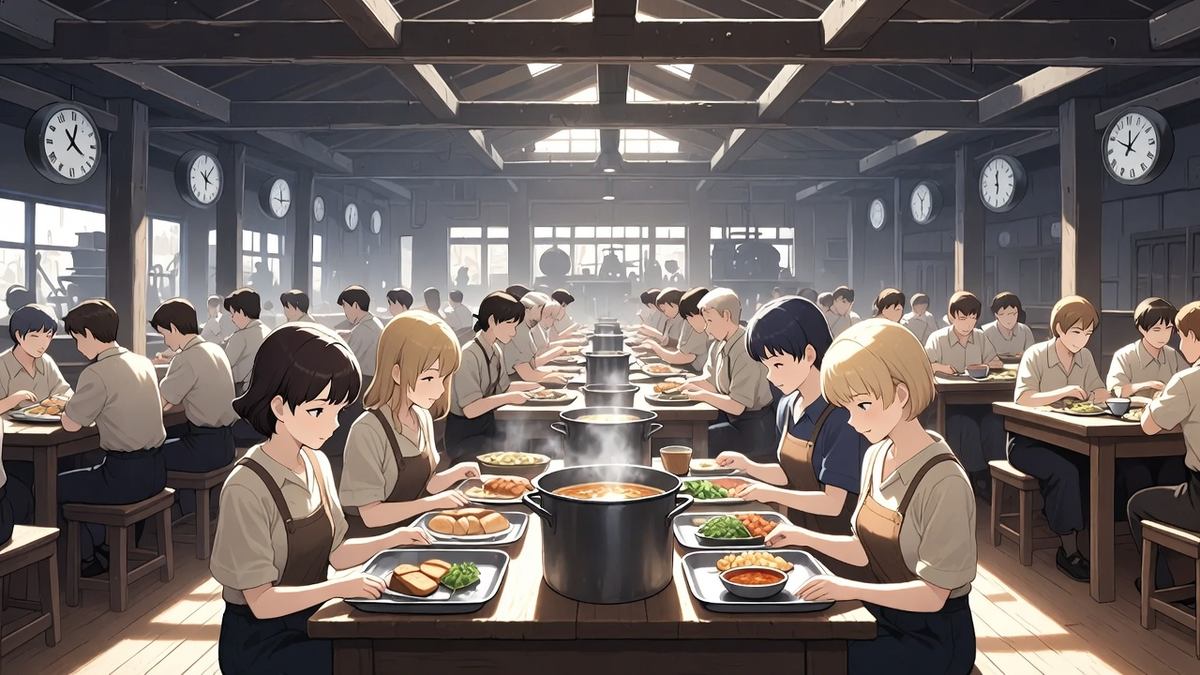 Главная задача индустриального питания - накормить без отрыва от производства. 30 минут на обед, кофе на бегу, уличная еда и "рестораны быстрого питания" родились на фабрике 19 века.