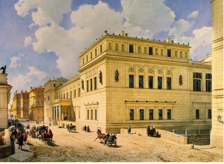 Вид здания Нового Эрмитажа со стороны миллионной улицы.Акварель Луиджи Премацци 1861 г.
