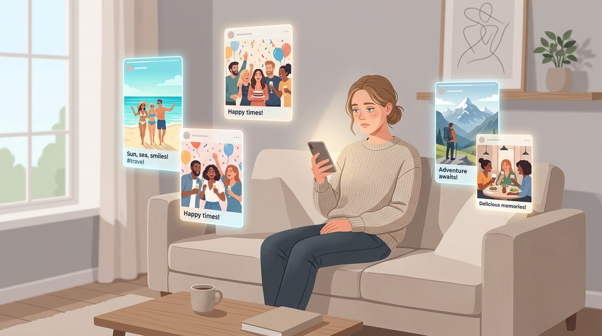 Сгенерировано в нейросети. Чужое счастье в ленте всегда выглядит ярче — но это не значит, что своя жизнь должна стоять на паузе