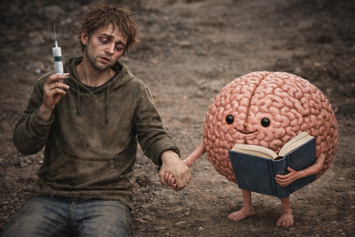 Поэтому человеку интересно смотреть фильмы и шоу, решать кроссворды, играть в игры — всё это потребность мозга решать задачи и получать химическое удовольствие. Мозг — «Наркоман», который ищет удовольствие, а как побочный продукт этому явлению  — прцесс развития.