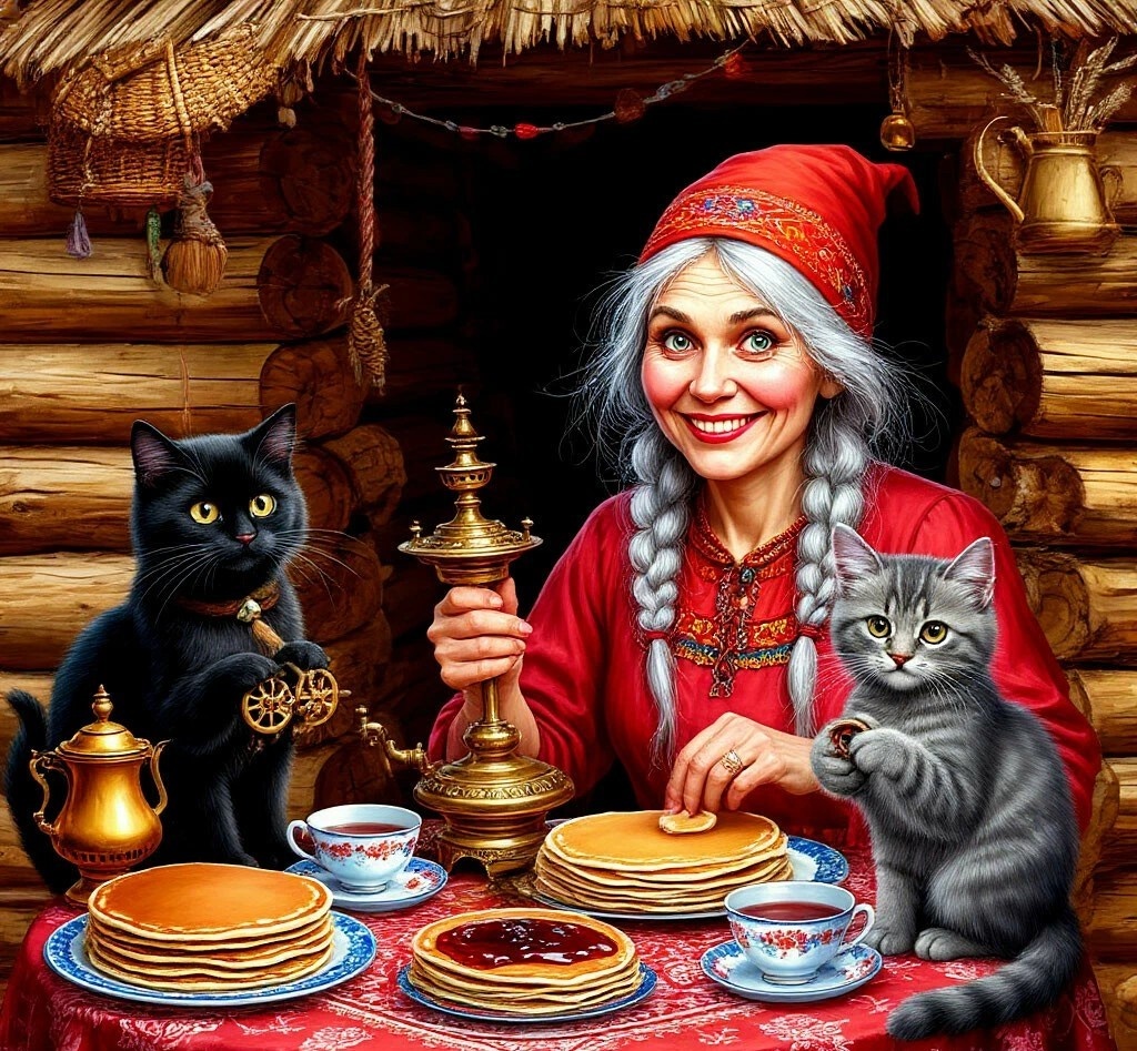 Баба Яга, Филя и Муся за масленичным столом