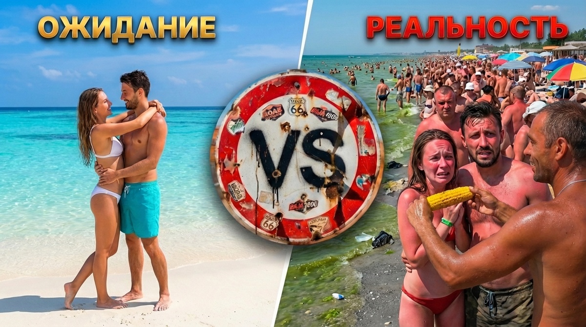 Анапа: Слева — ОЖИДАНИЕ с лазурной водой. Справа, РЕАЛЬНОСТЬ: море из водорослей, а вместо личного пространства, кукуруза в лицо