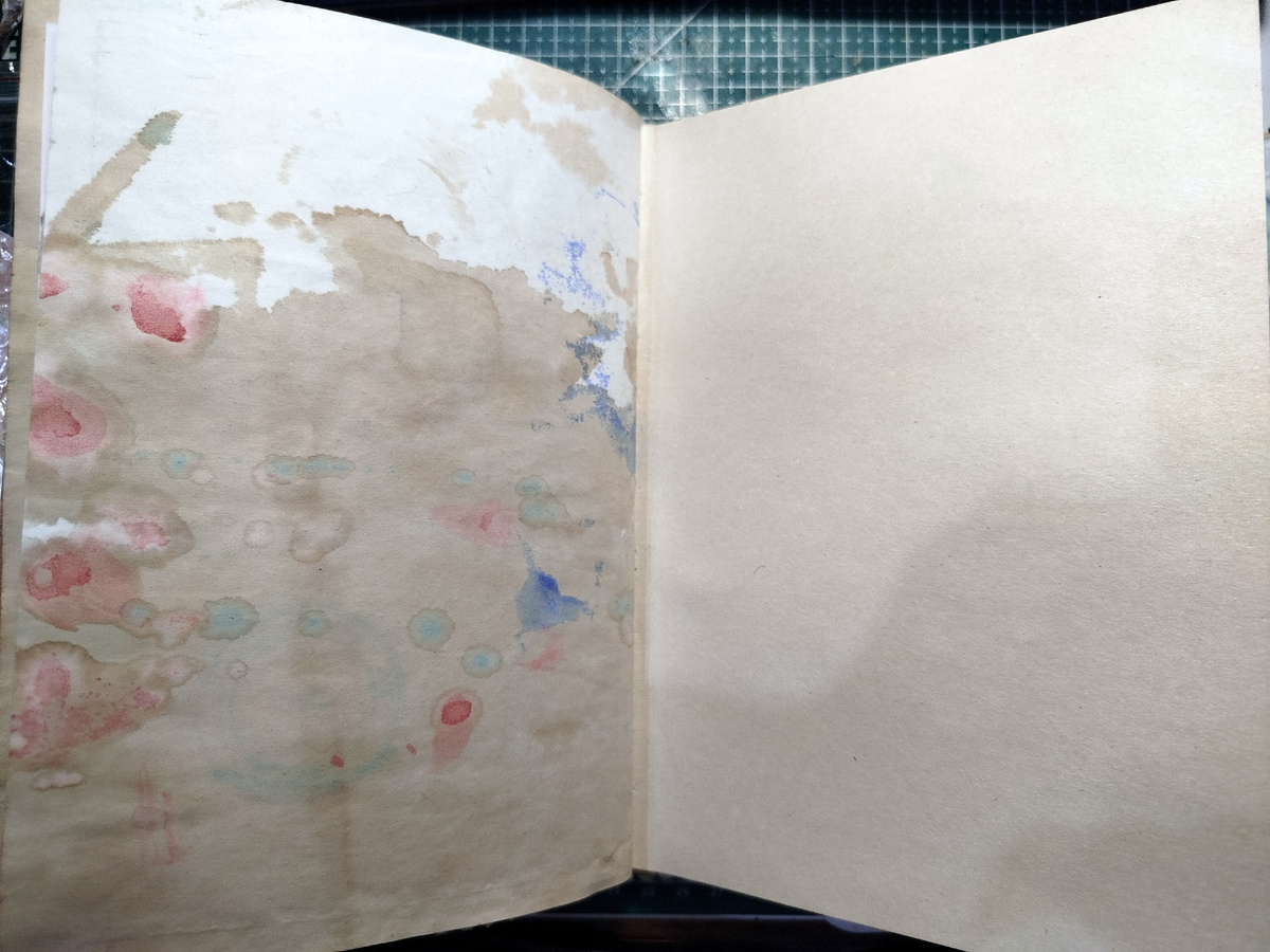 Одна страница с разными пятнышками, вторая окрашена кофейным раствором.